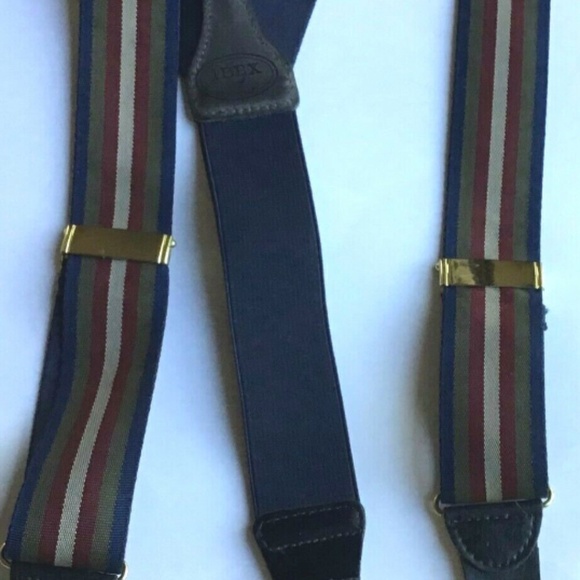 IBEX suspenders braces, Burgundy,gray & navy stripe fabric, brass tabs England - Picture 3 of 6